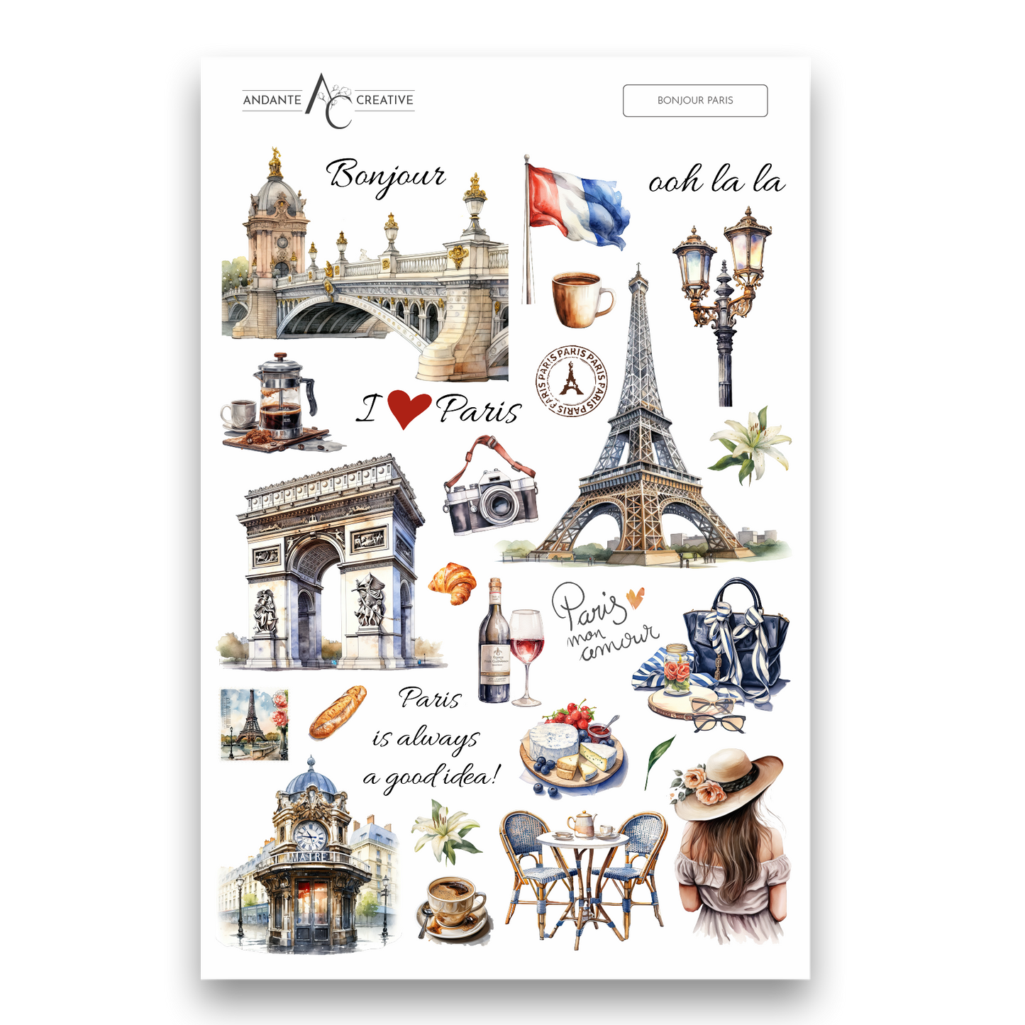 Bonjour Paris Decorative Sticker Sheet